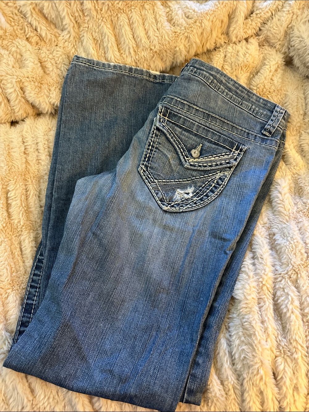 Division E Women’s Blue Denim Jeans with Embroidered Pocket Distressed